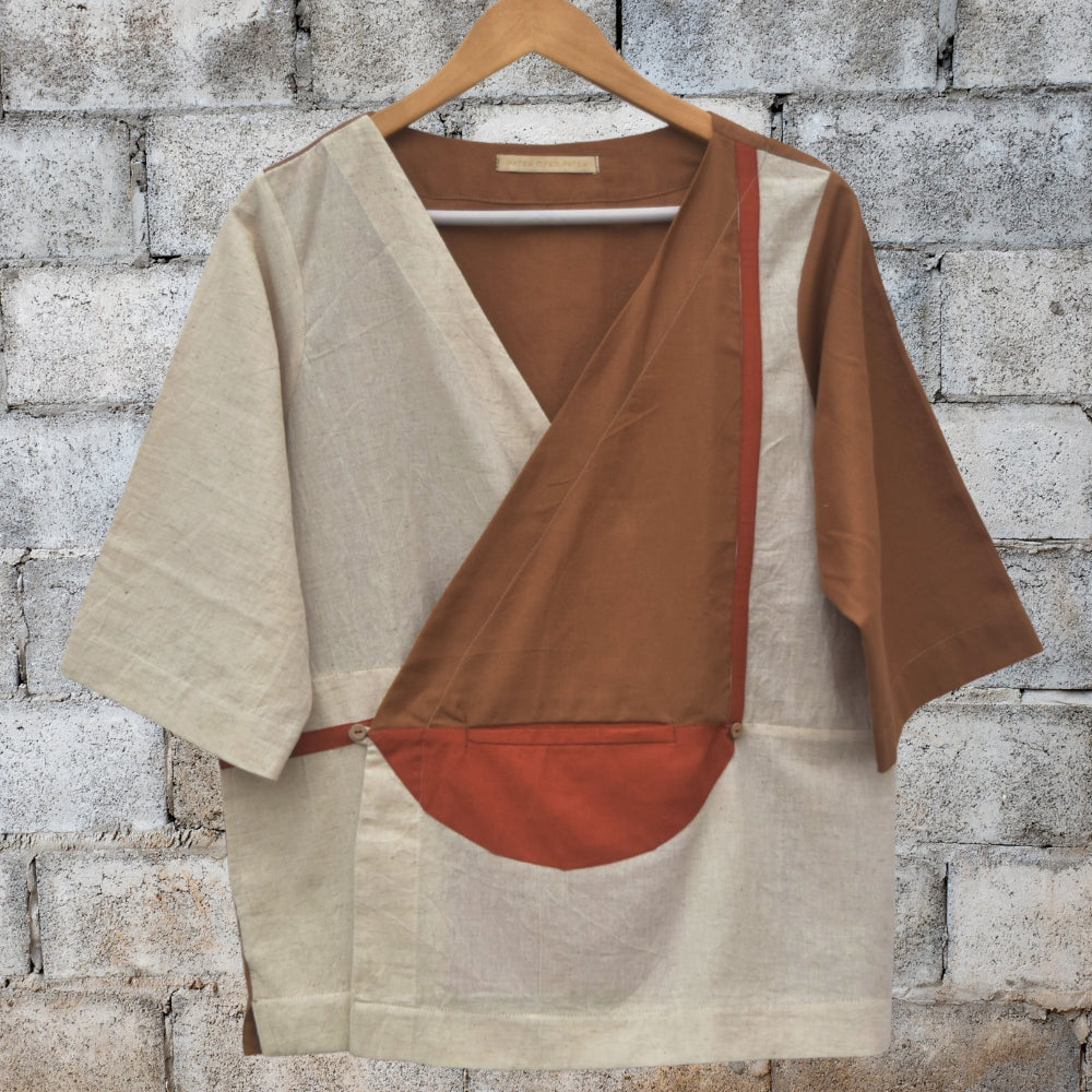 Contemporary Patchwork Wrap Jacket | Casually Chic | Relaxed Fit | Ivory & Rust