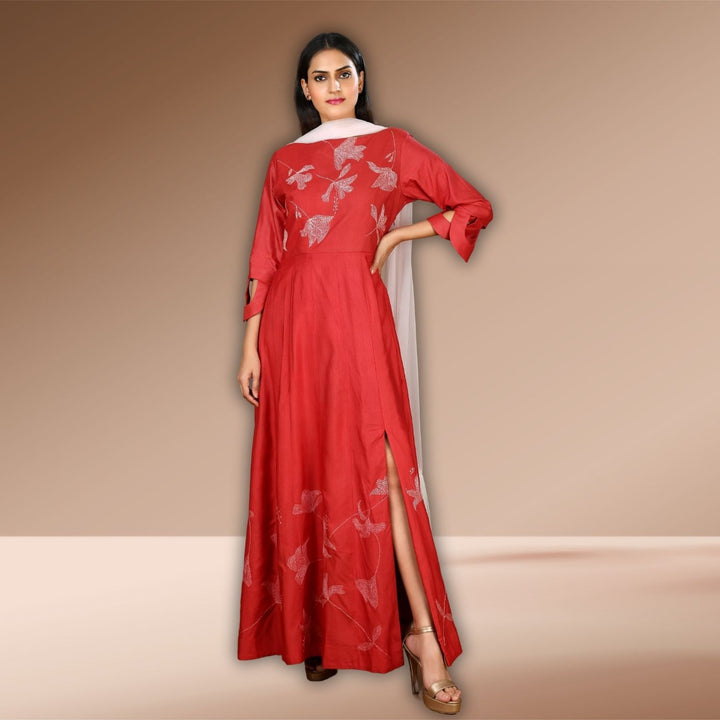 Keekle Tussar Silk Anarkali Gown | Sujani Hand-Embroidered | Vibrant Red