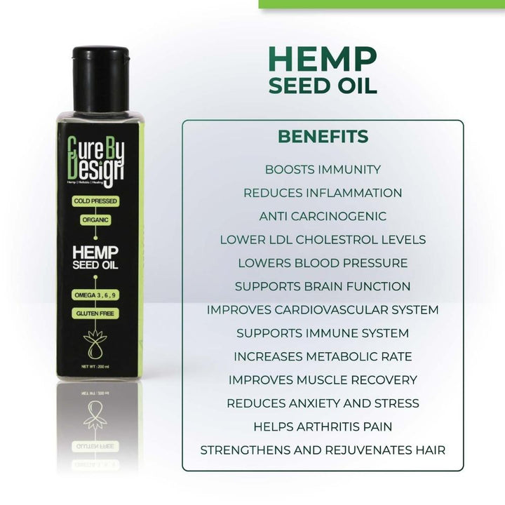 Hemp Seed Pure Cold Pressed Oil | Organic | Omega 3, 6, 9 | Gluten Free | 200 ML