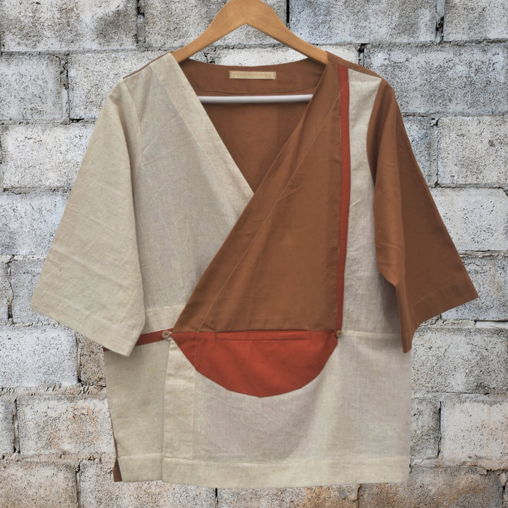 Contemporary Patchwork Wrap Jacket | Casually Chic | Relaxed Fit | Ivory & Rust