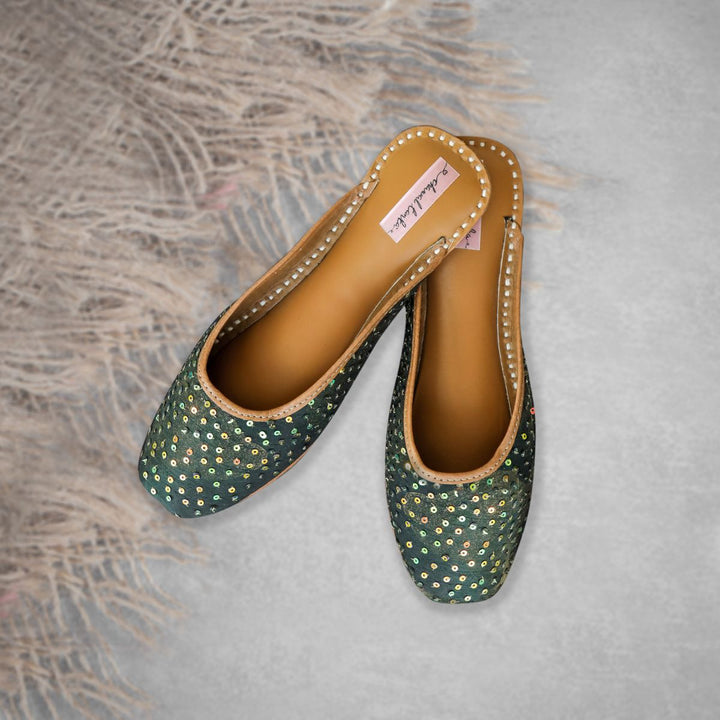 Bottle Green Sequin Work Women Juttis | Embellished | For Subtle Styling