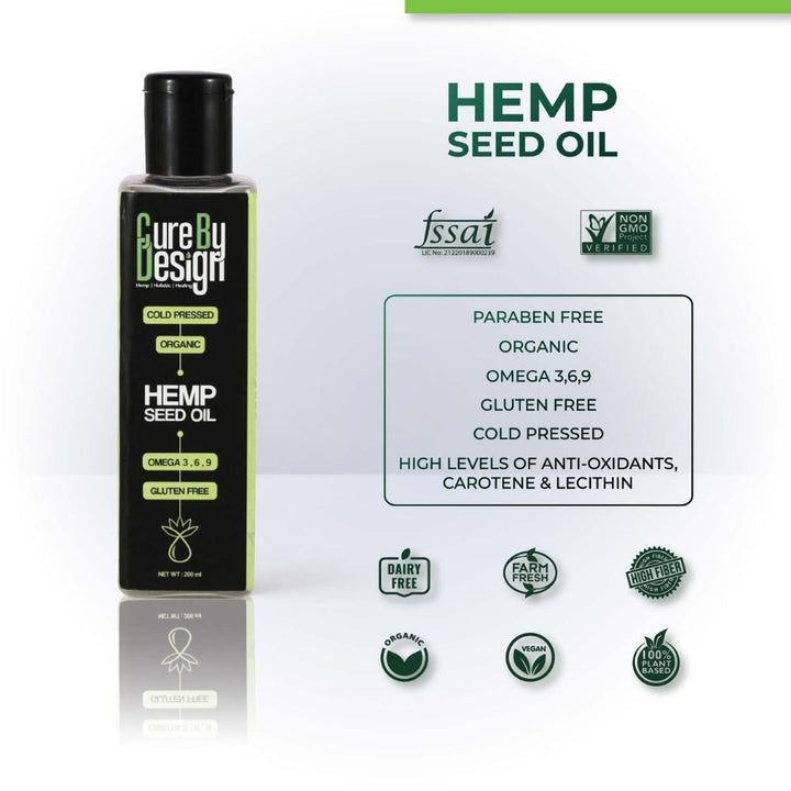 Hemp Seed Pure Cold Pressed Oil | Organic | Omega 3, 6, 9 | Gluten Free | 200 ML