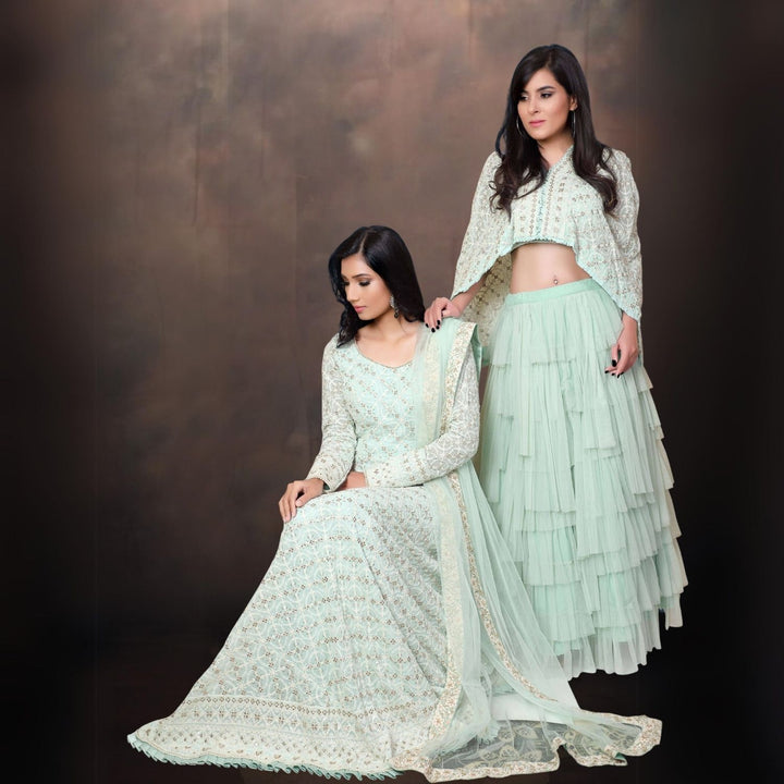 Aafreen Lucknowi Anarkali Kurta | Hand-Crafted | Elegant Embroidery | Sea Green