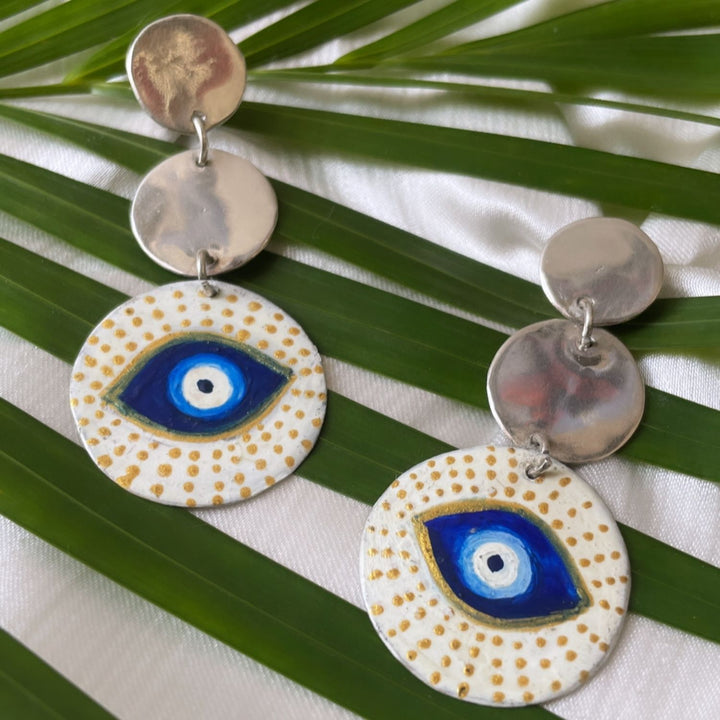 Evil Eye Earrings | Silver Jewellery | Hand Painted Earrings | Contemporary