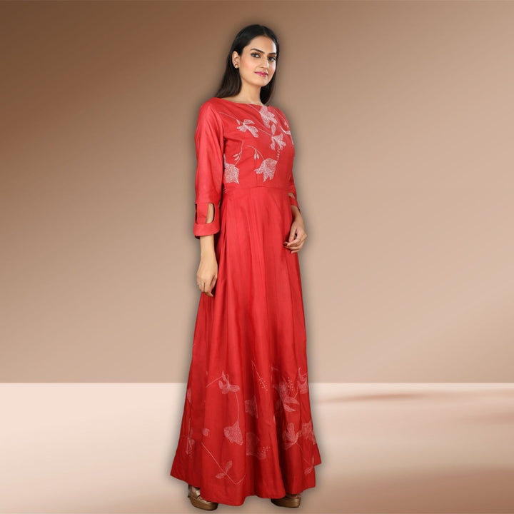 Keekle Tussar Silk Anarkali Gown | Sujani Hand-Embroidered | Vibrant Red