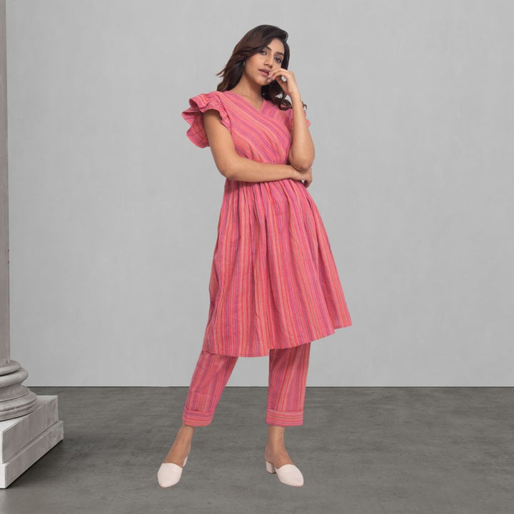 Pink Co-ord Set of Tunic and Pant For Women | Stripe Textured | Smart And Feminine Design 