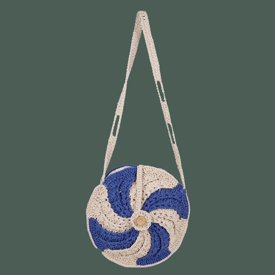 Wheel Mini Sling Bag | Hand-Crochet | Cotton | Sustainable | Off White & Blue