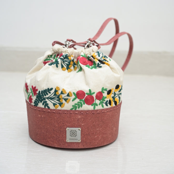 Jhola Sling Bag For Women | Cotton & Coconut Leather | Red & Cream 