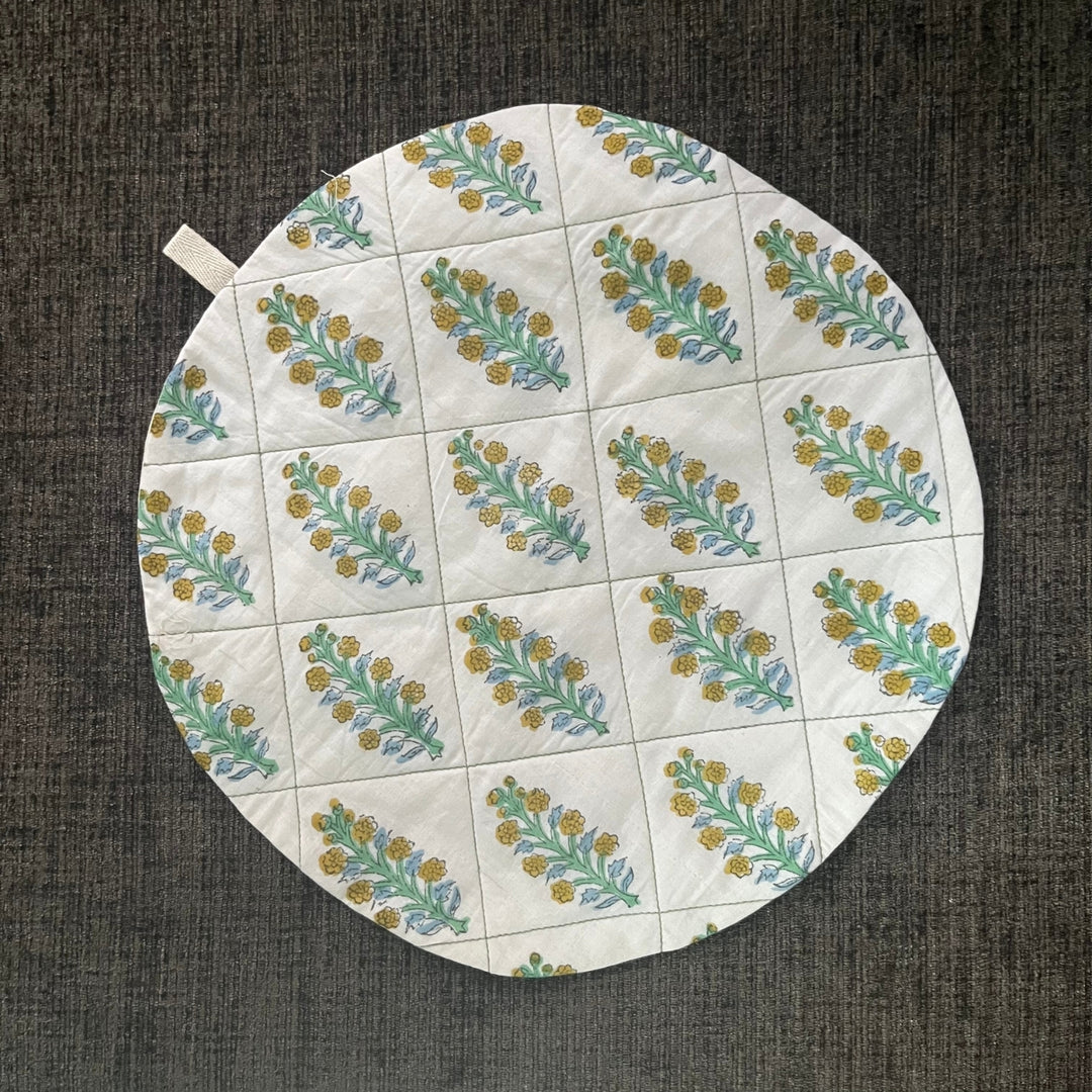 Flower Motif Cream Colour Round Pot Holder | Hand Block Printed | 10 Inches