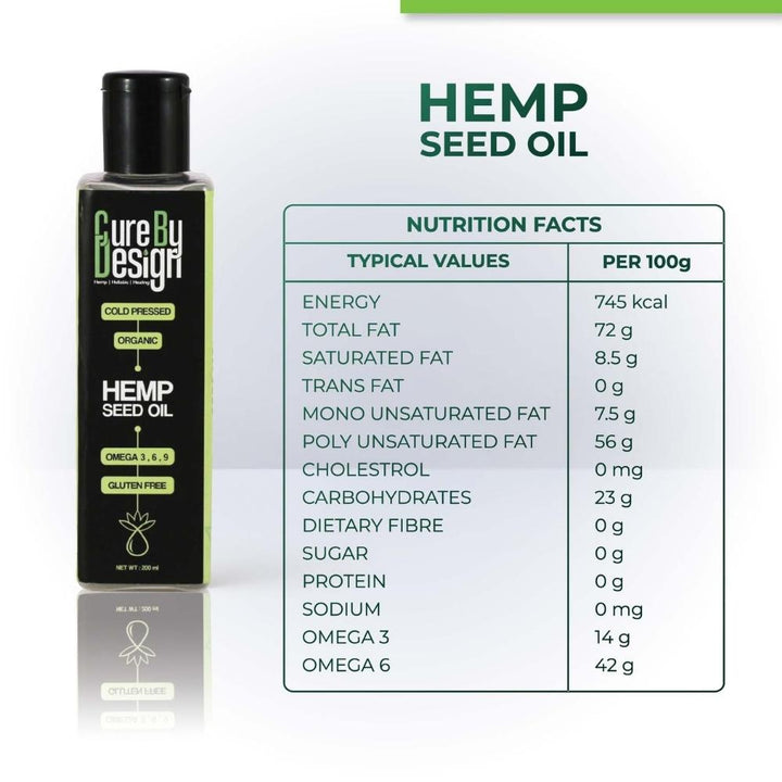 Hemp Seed Pure Cold Pressed Oil | Organic | Omega 3, 6, 9 | Gluten Free | 200 ML