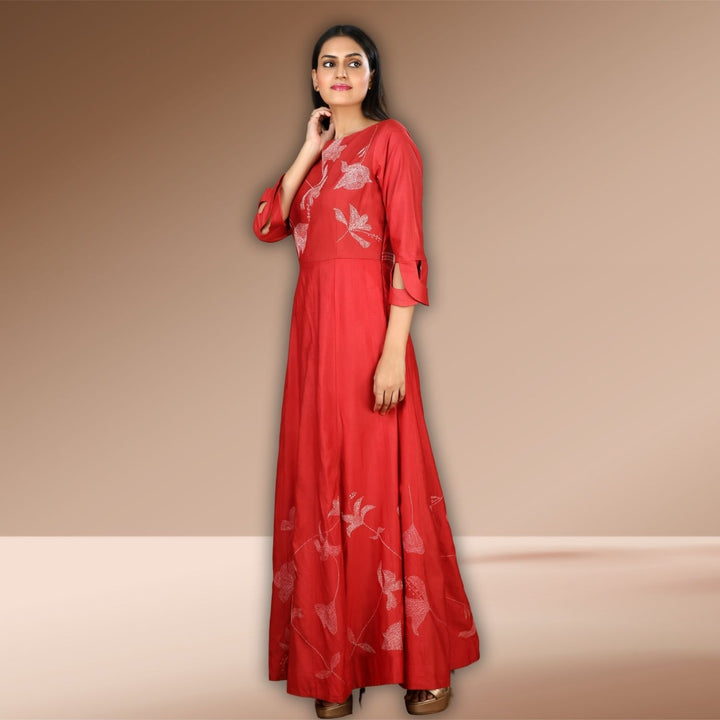 Keekle Tussar Silk Anarkali Gown | Sujani Hand-Embroidered | Vibrant Red