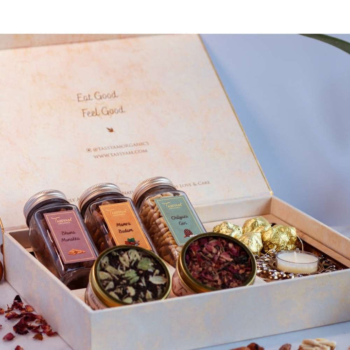 Luxury Gift Set | Assorted Dry Fruits, Tea, Chocolate & Decorative Diya Holder