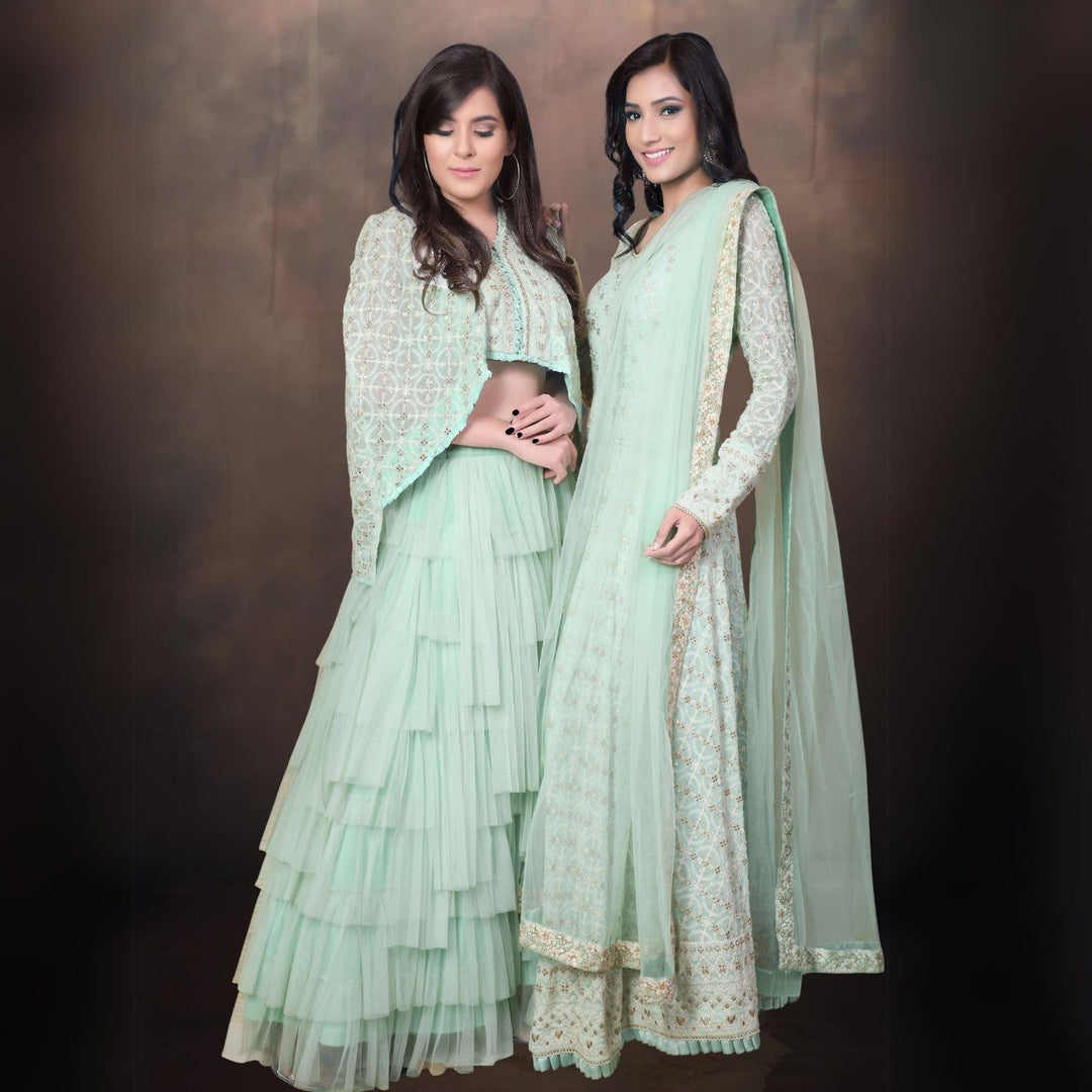 Aafreen Lucknowi Anarkali Kurta | Hand-Crafted | Elegant Embroidery | Sea Green