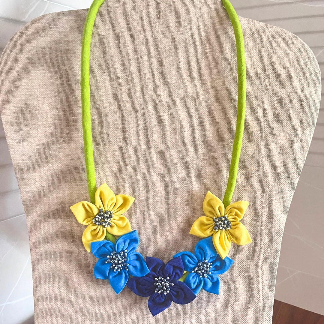 Floral Fabric Neckpiece For Women | Hand Crafted And Artistic | Blue And Yellow