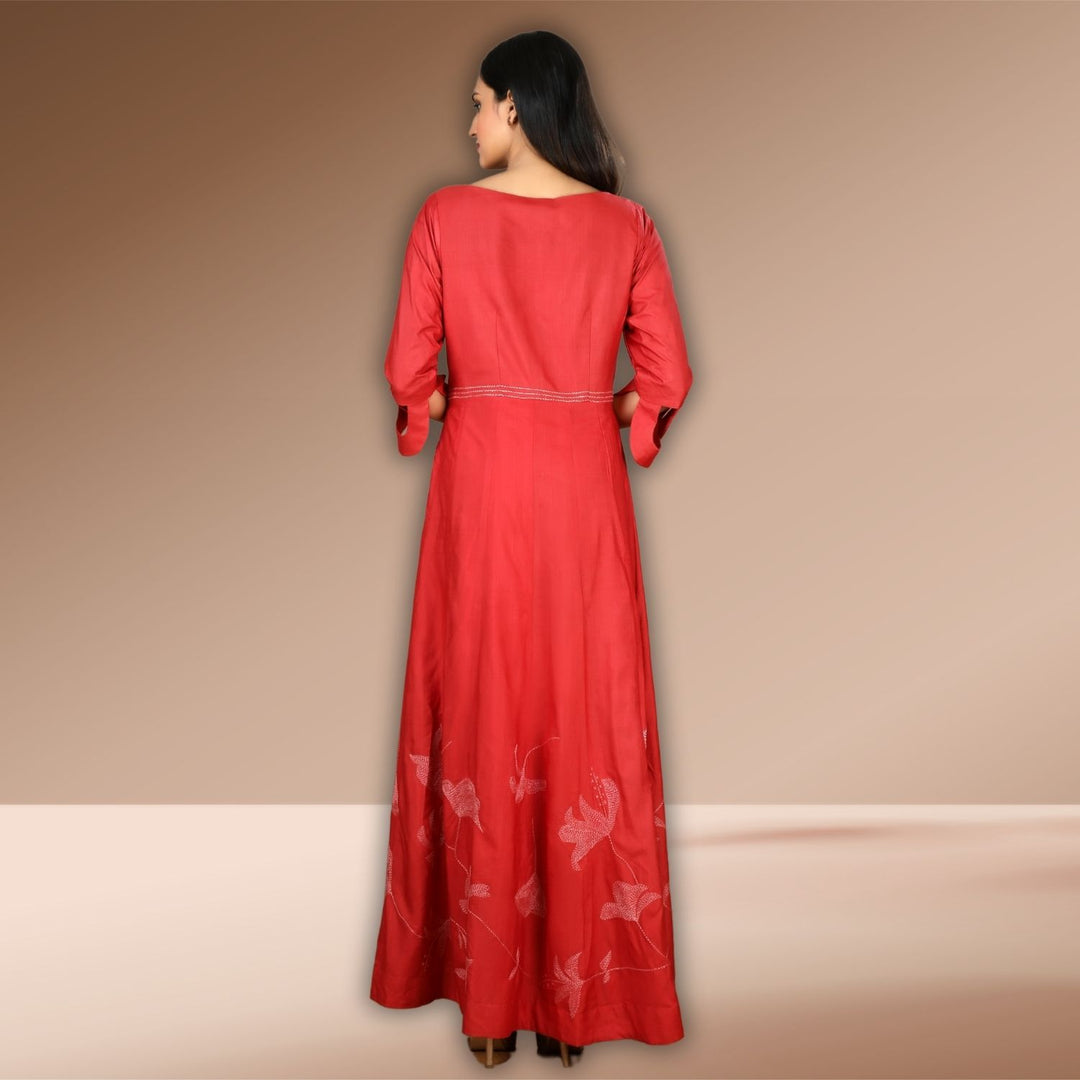 Keekle Tussar Silk Anarkali Gown | Sujani Hand-Embroidered | Vibrant Red