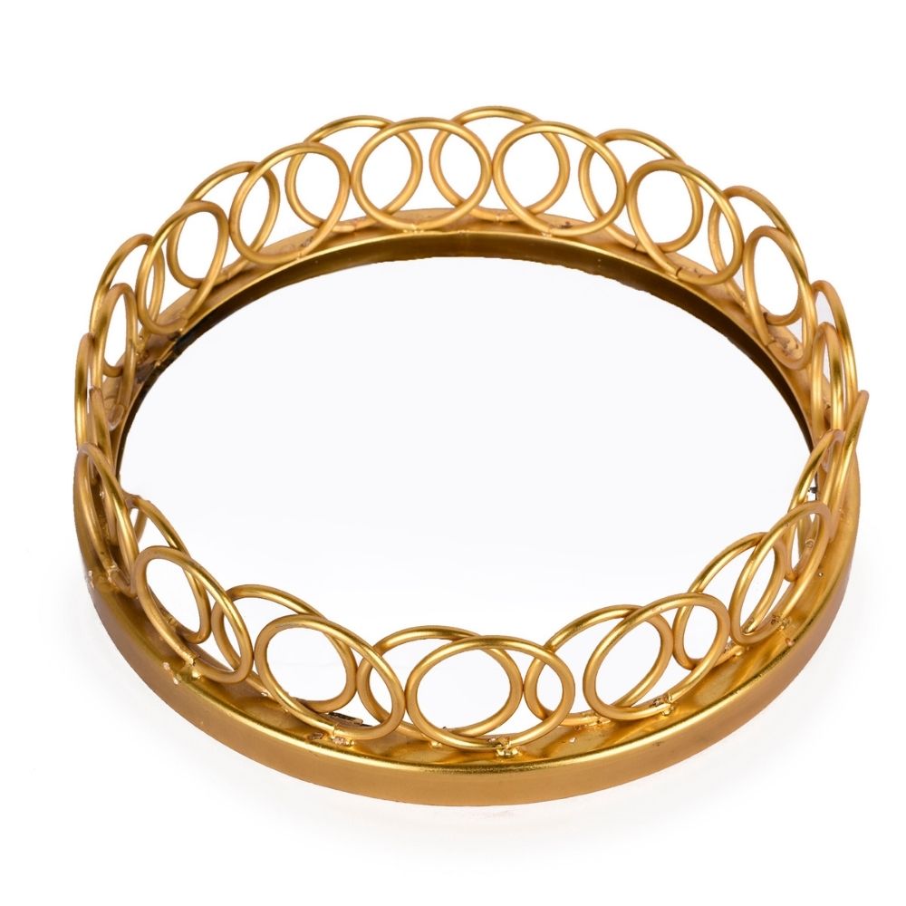 Gold Finish Decorative Mirror Tray In Round | Dining Room Decor | Artisanal | Hand-Crafted | 10 Inch