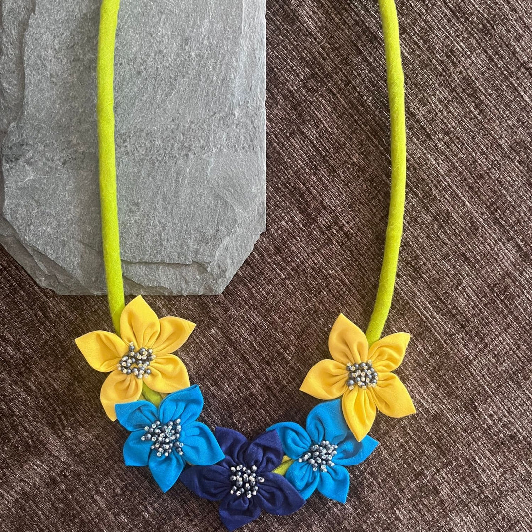 Floral Fabric Neckpiece | Hand-Crafted | Blue & Yellow