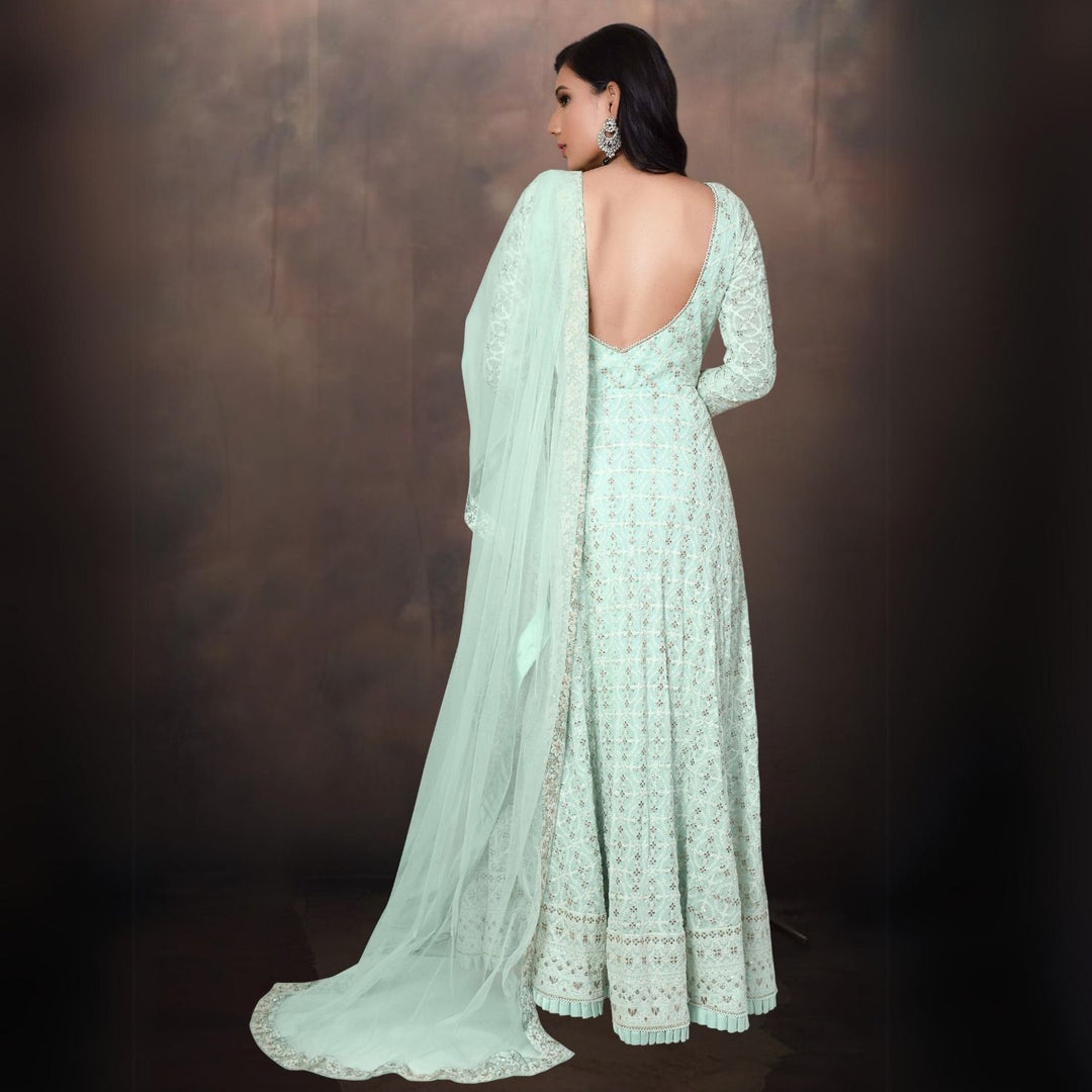 Aafreen Lucknowi Anarkali Kurta | Hand-Crafted | Elegant Embroidery | Sea Green