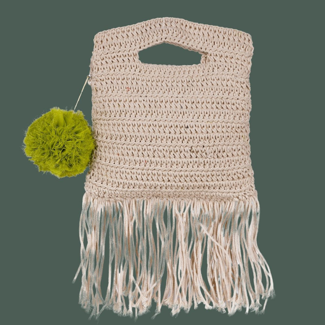 Long Tassels Miniature Hand Bag | Hand-Crochet | Cotton Yarn | Off White