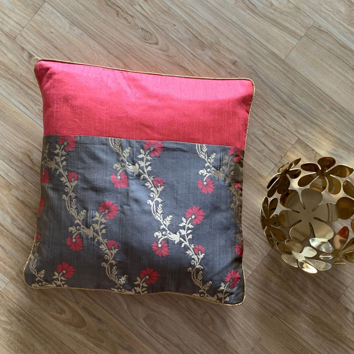 Grey and Pink Banarasi Cushion Cover | Festive Home Decor | 16" x 16"