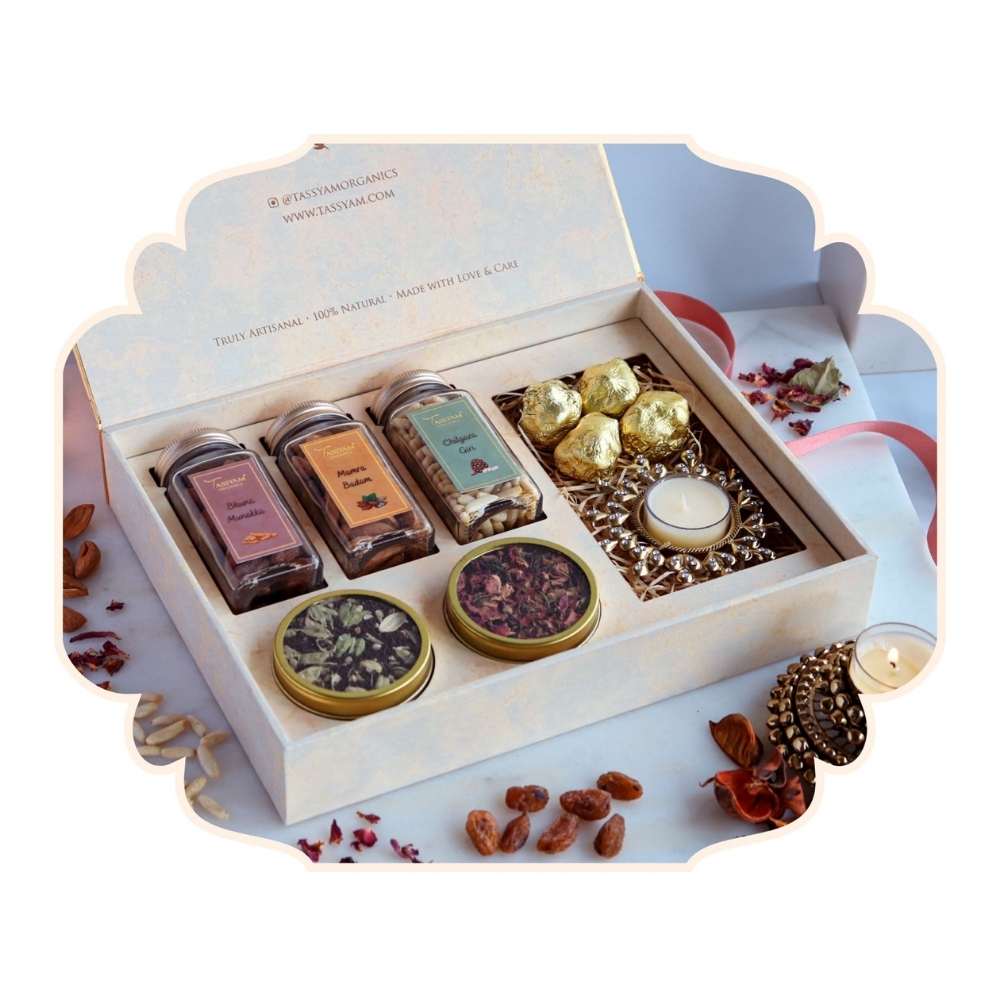 Luxury Gift Set | Assorted Dry Fruits, Tea, Chocolate & Decorative Diya Holder