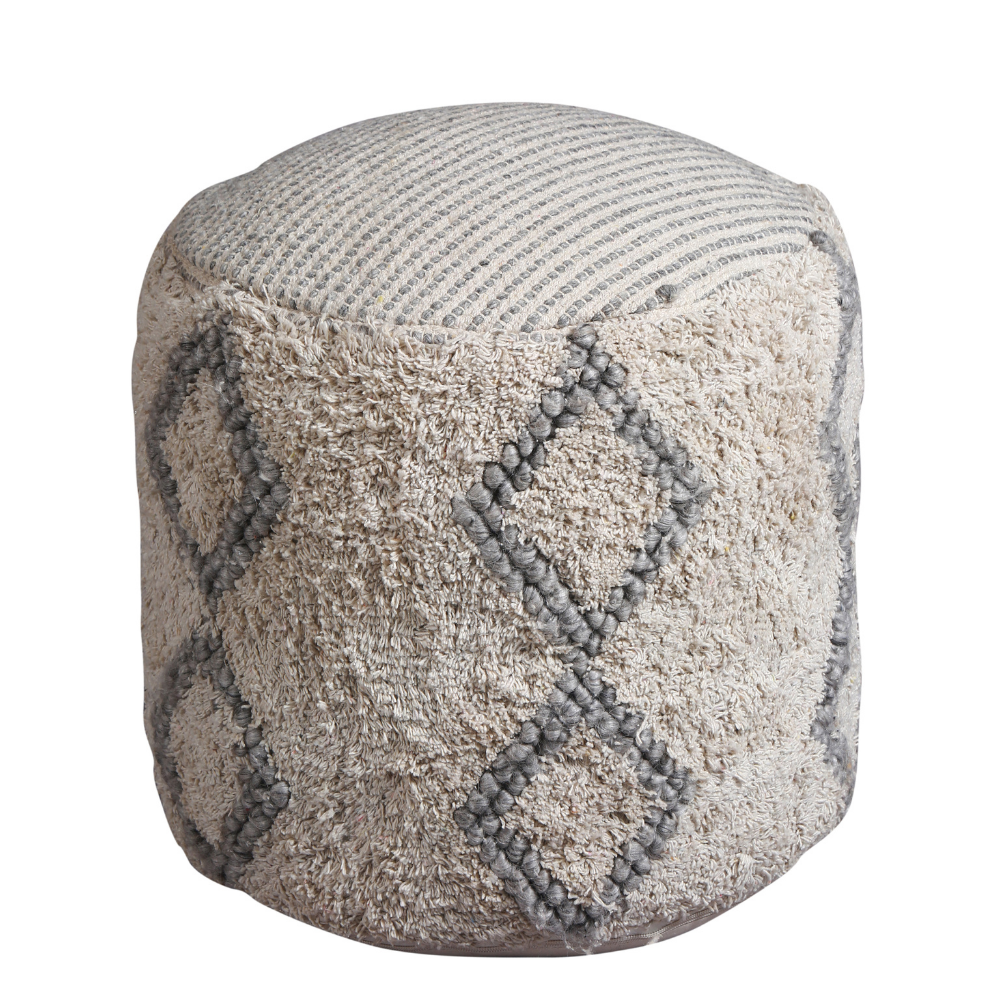 Bohemian Style Ottoman Poufs | Hand-Crafted Abstract Pattern in Grey | 18"