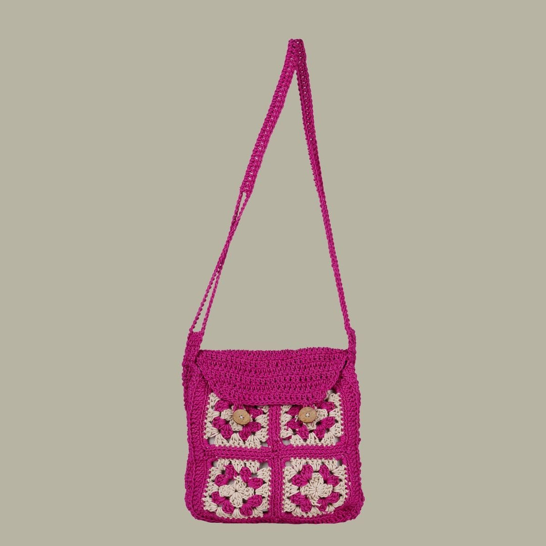 Cross Satchel Sling Bag | Hand-Crochet | Cotton | Magenta Pink