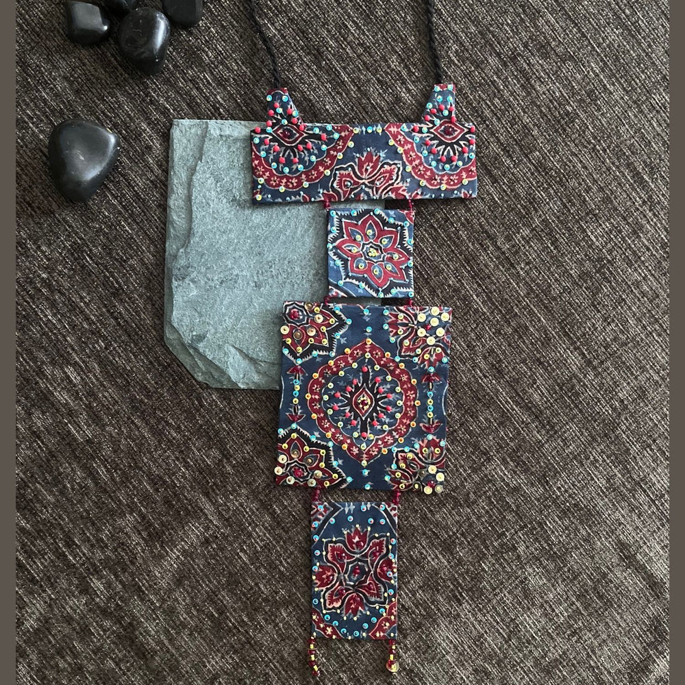 Ajrakh Necklace For Women | Hand Crafted | Block Pattern | Sequin Embellished | Indigo