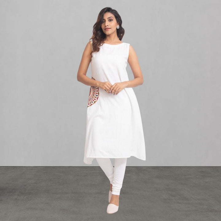 White Kurta For Women | Rebari and Mirror Embroidered | Office Wear 