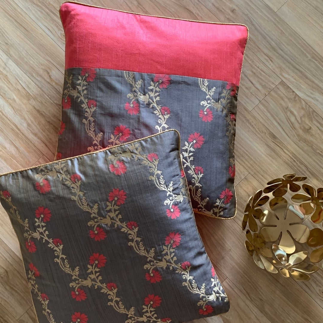 Grey and Pink Banarasi Cushion Cover | Festive Home Decor | 16" x 16"