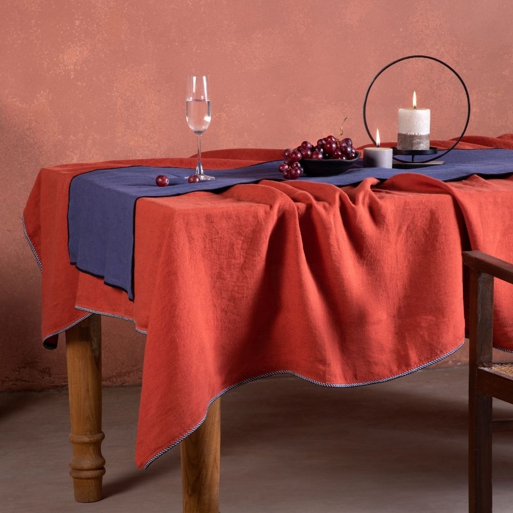 Luscious Linen Monochrome Tablecloth | Elegantly Laced with Kantha Embroidery