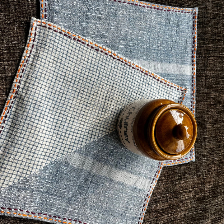 Denim Blue Cotton Table Napkin | Hand Embroidered | Set of 2