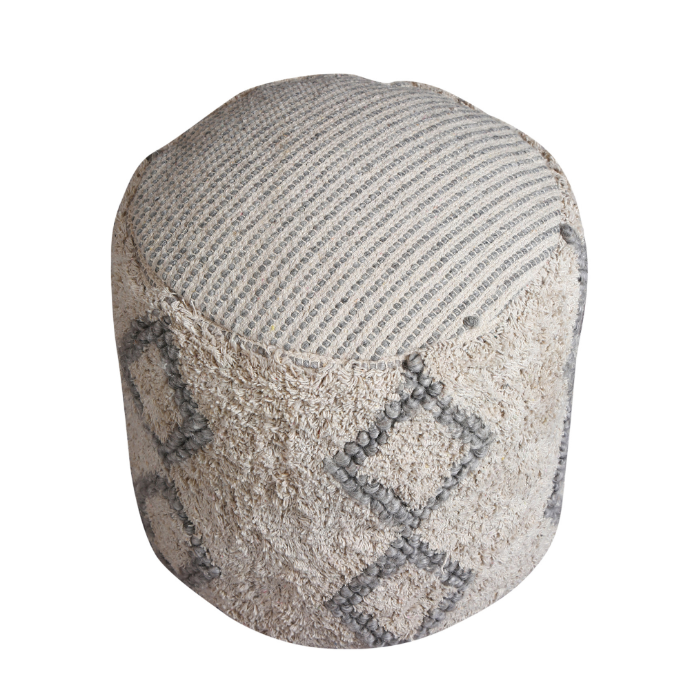 Bohemian Style Ottoman Poufs | Hand-Crafted Abstract Pattern in Grey | 18"