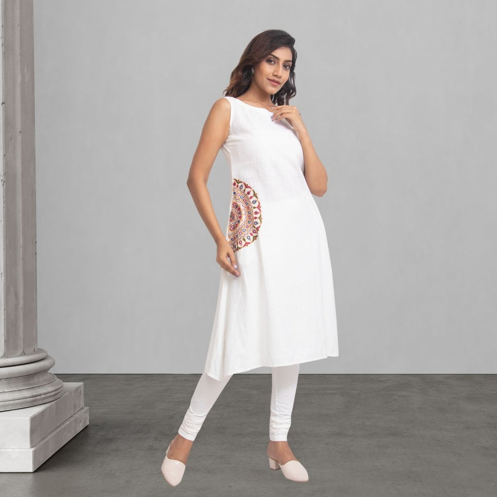 Hand Spun and Yarn Dyed White Kurti For Women | Hand Embroidered | Daily Wear