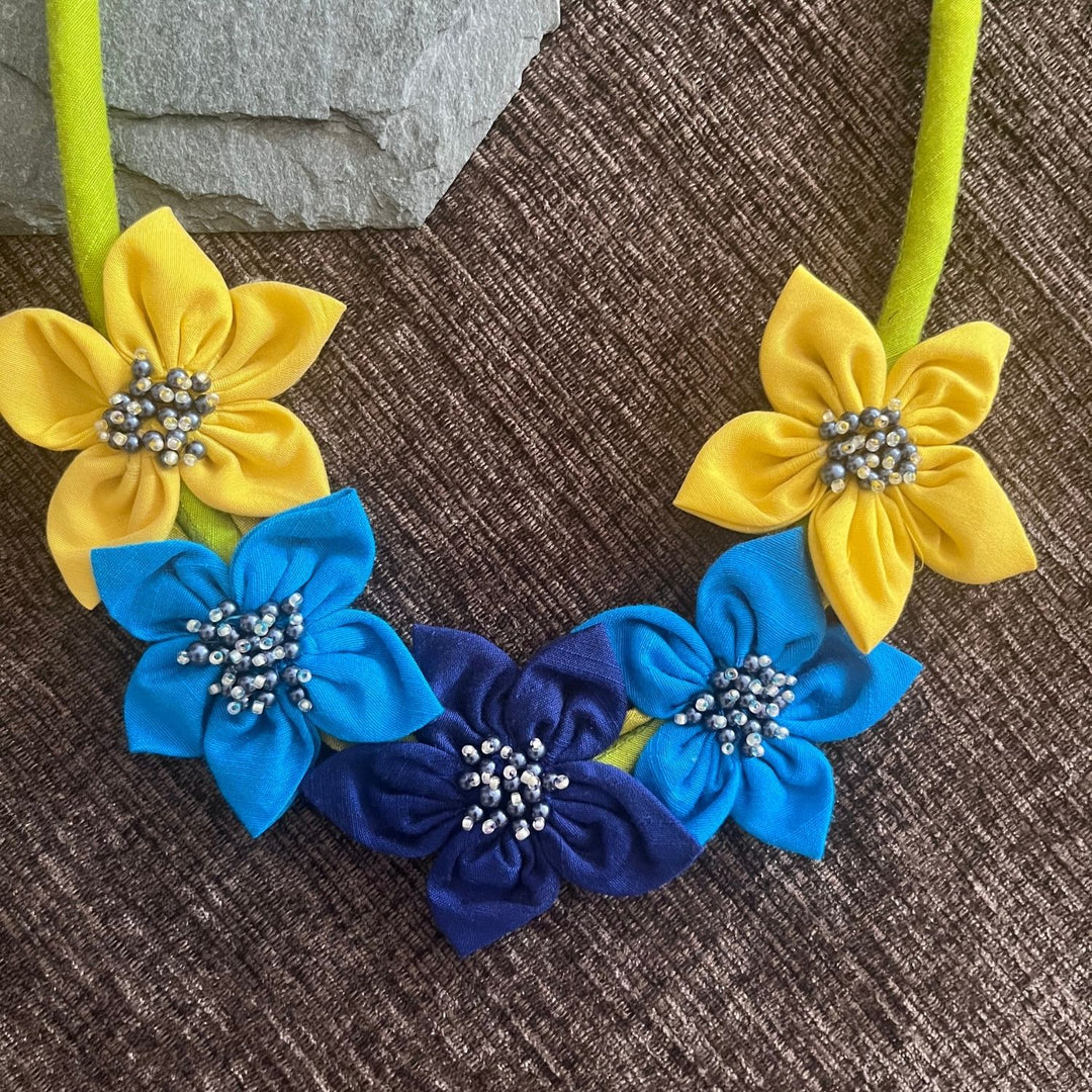 Floral Fabric Neckpiece | Hand-Crafted | Blue & Yellow