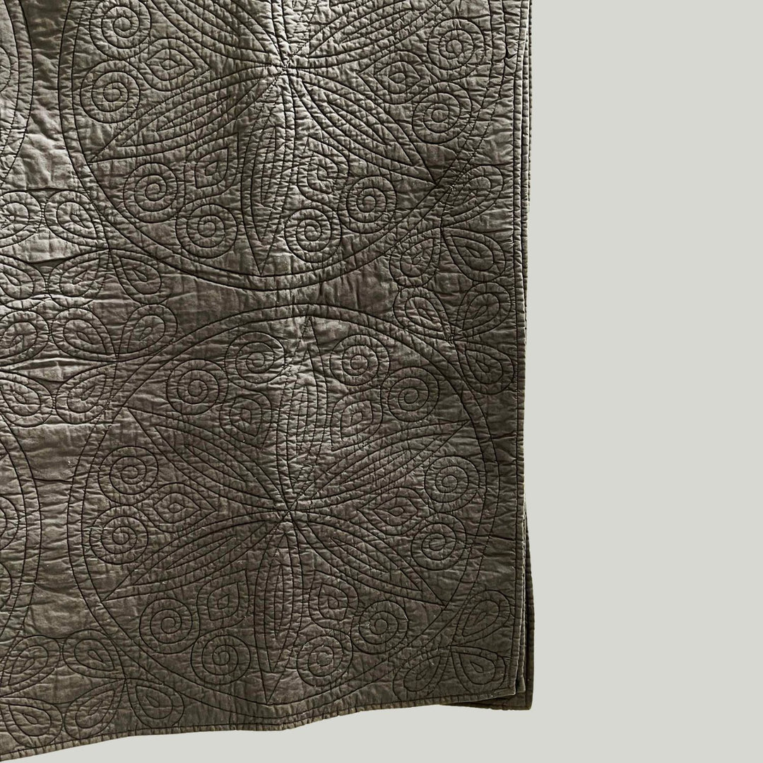 Round Star Flower Embroidered Cotton Quilt | Charcoal Black | 92 x 100 Inch