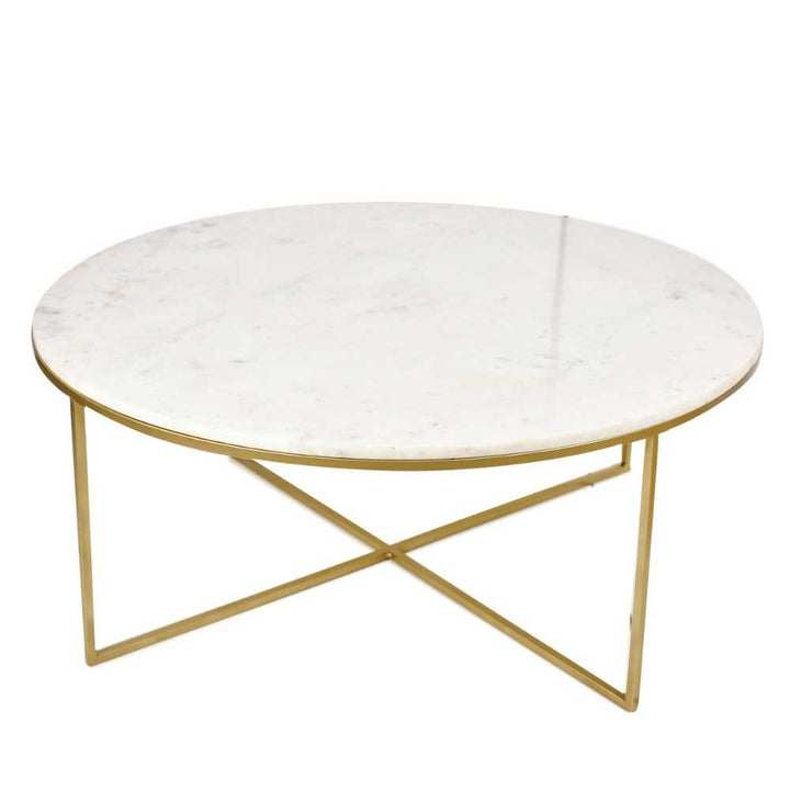 Gold Finish Coffee Table With Round Marble Top | Minimalistic Modern Accent Table | 35x14 Inches