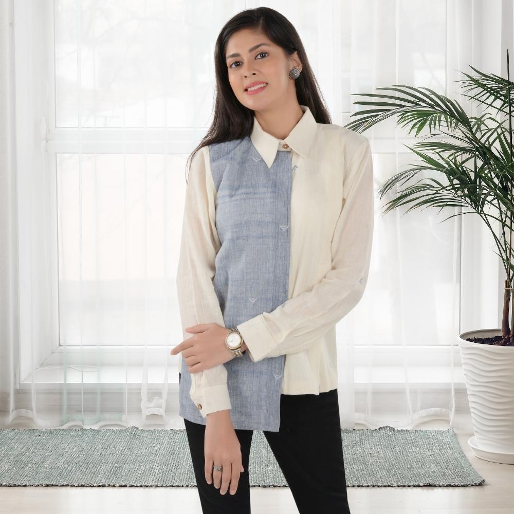 Off-White And Powder Blue Shirt | Kala Cotton | Everyday Elegance