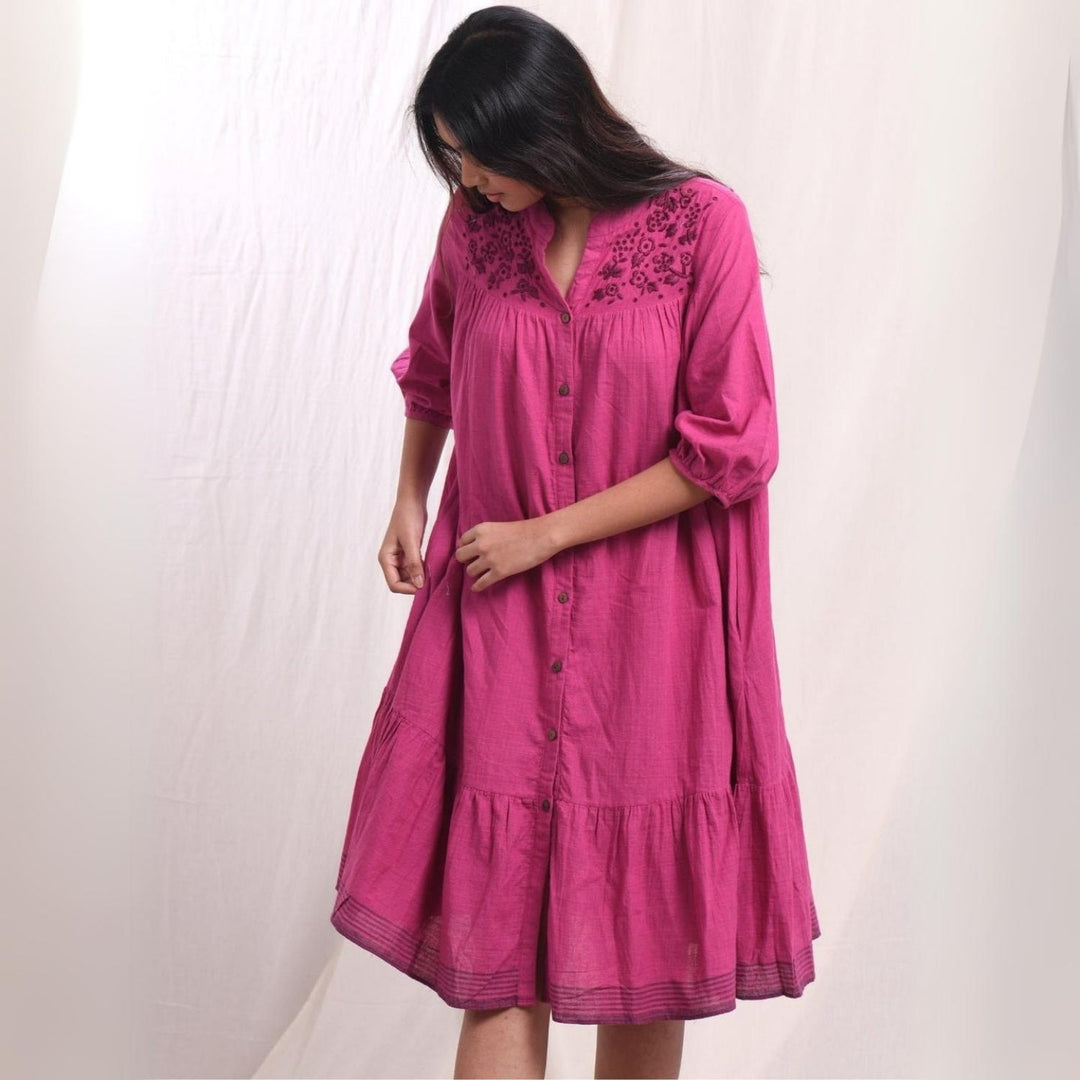 Orchid Flared Dress | Hand-Embroidered | Cotton Muslin | Magenta