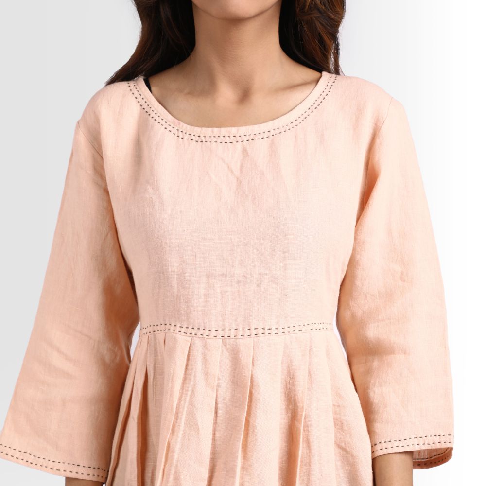 Katha Embroidery Peach Dress | European Linen | Eco-Friendly | Sustainable