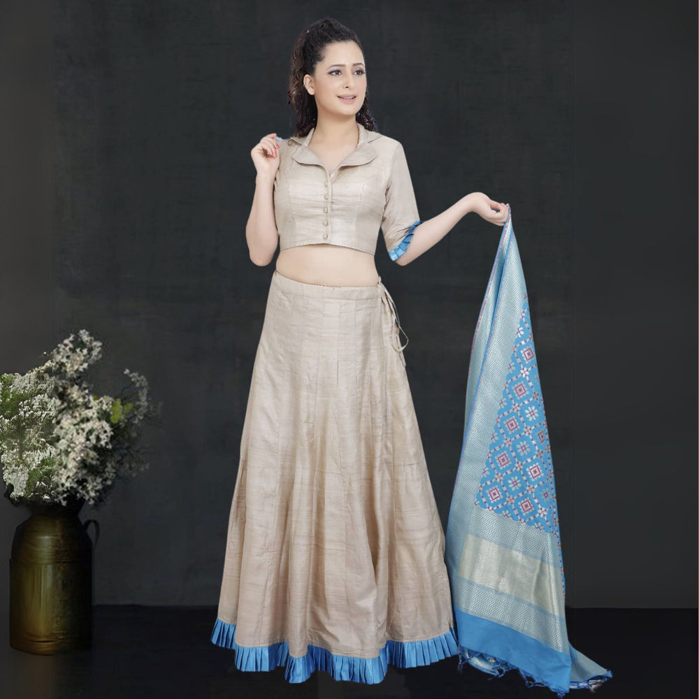 Megan Desi Tussar Silk Lehenga Set | Hand-Crafted | Minimalistic | Beige & Cobalt Blue