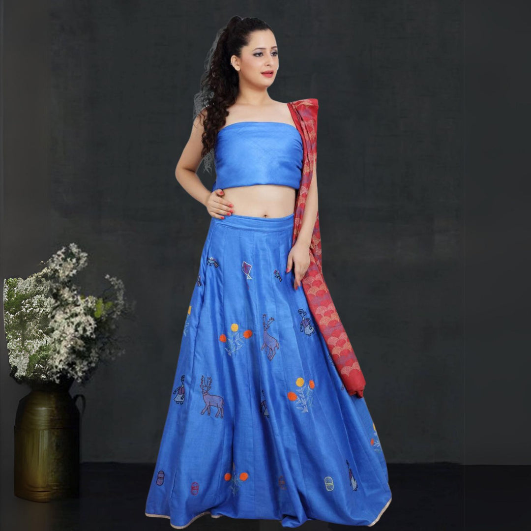 Ziva Tussar Silk Lehenga Set | Sujani Embroidered | Hand Crafted | Cobalt Blue