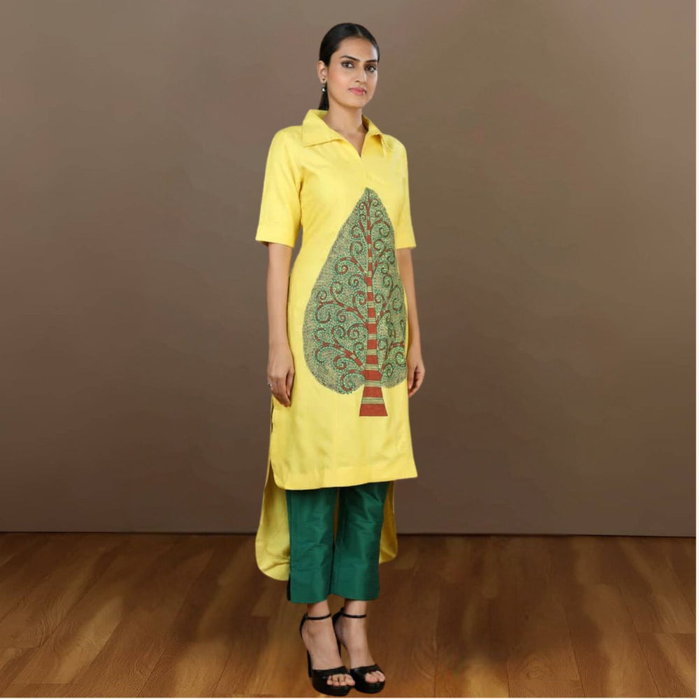 Aashi High Low Tussar Silk Kurta Set | Madhubani-painted | Yellow & Bottle Green