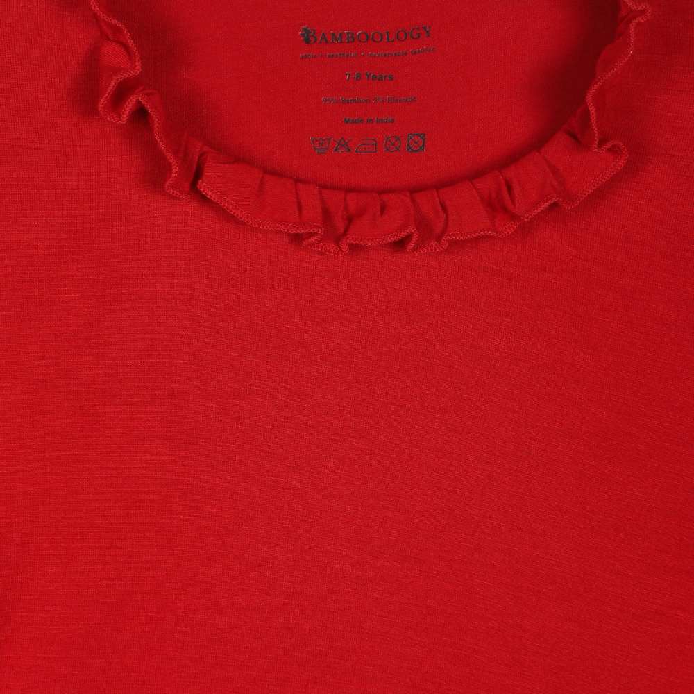 Girls Red Ruffled Neck Top | Bamboo Fabric | Organic | Casual | Kids Active Wear