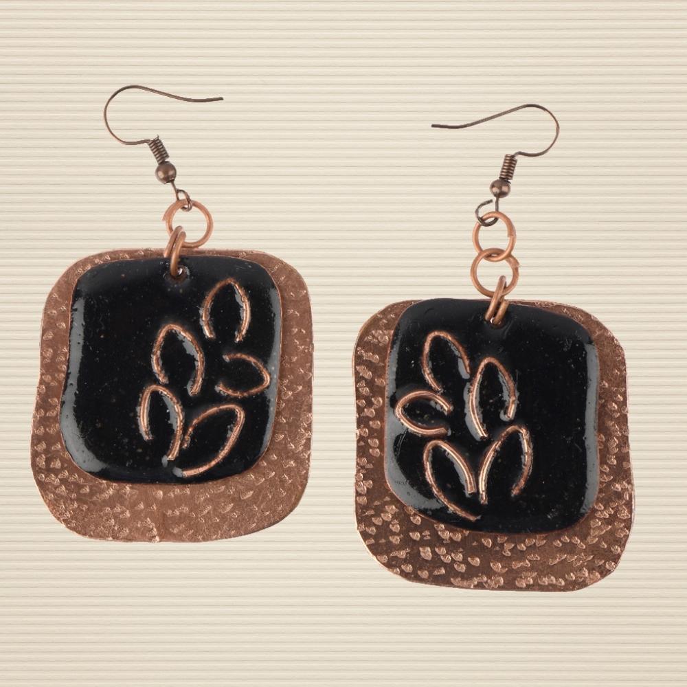 Phyllo Leaf Pattern Copper Enamel Dangler Earring | Hand-crafted