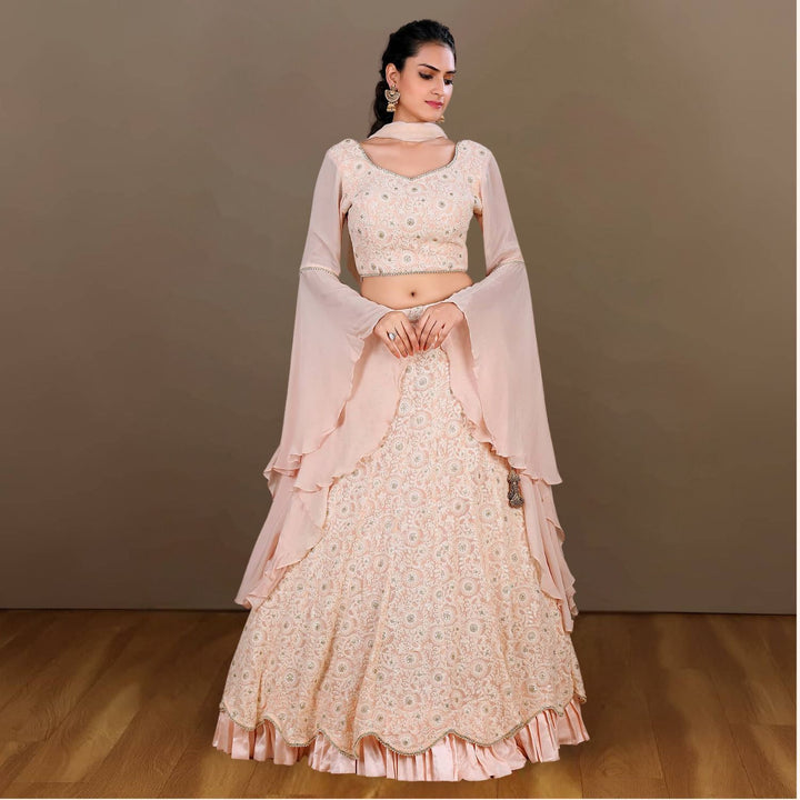 Munira Scalloped Lehenga Set | Tulle Dupatta| Stylish | Enchanting Design | Peach