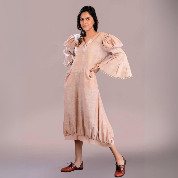 Bowy Affair Dress | Puffed & Bell-Sleeve | Cocoon Style | Easy Breezy Dress | Almond