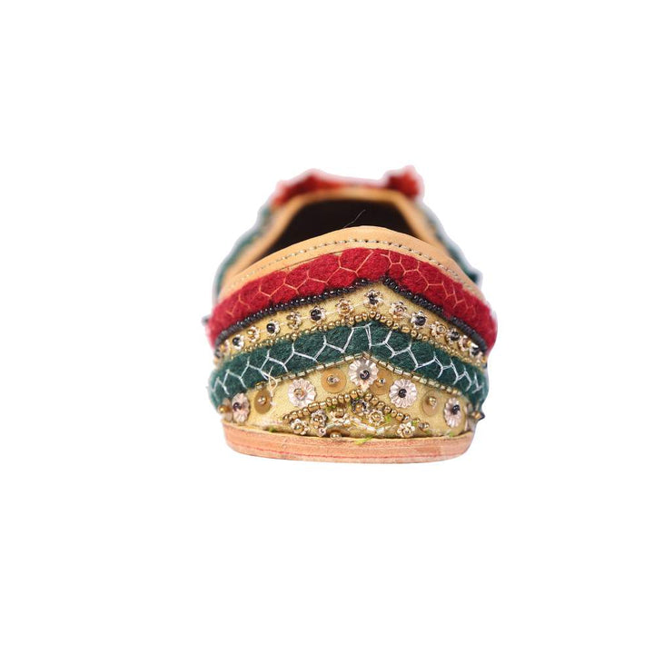 Golden Woollen Jutti | Pop of Red Green | Hand Embellished | Festive | Wedding