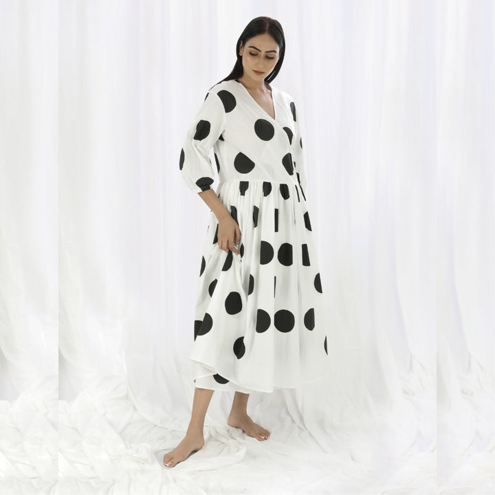 Overlapping Comfy Dress | Exuding Femininity in White & Black Polka Print