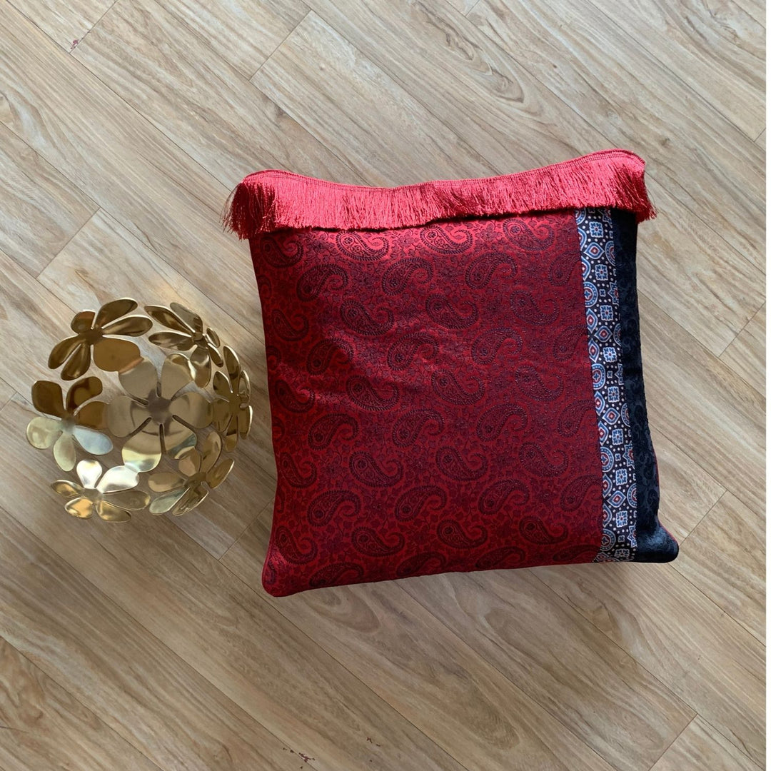 Maroon And Grey Tasselled Cushion Cover | Ajrakh And Banarasi | 16" x 16"